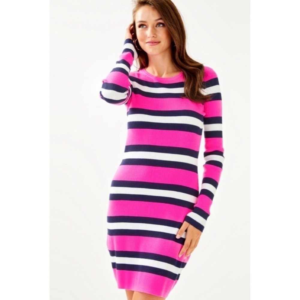 Lilly Pulitzer Womens Pink Navy Blue Striped Ribbed Knit Sweater Dress Size M